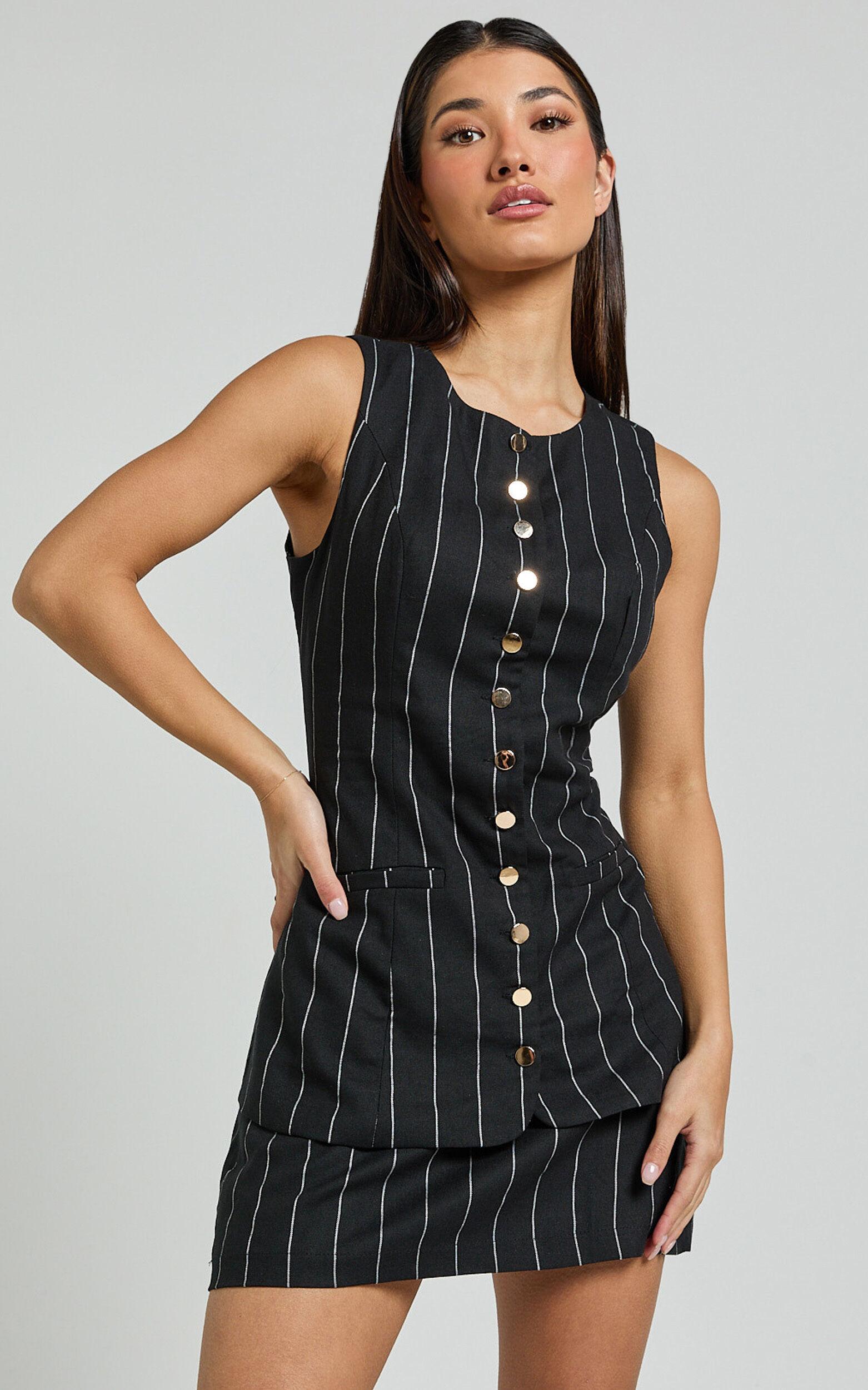 Calvin Two Piece Set - Tailored Linen Scoop Neck Vest Top and A Line Mini Skirt Set in Black Product Image