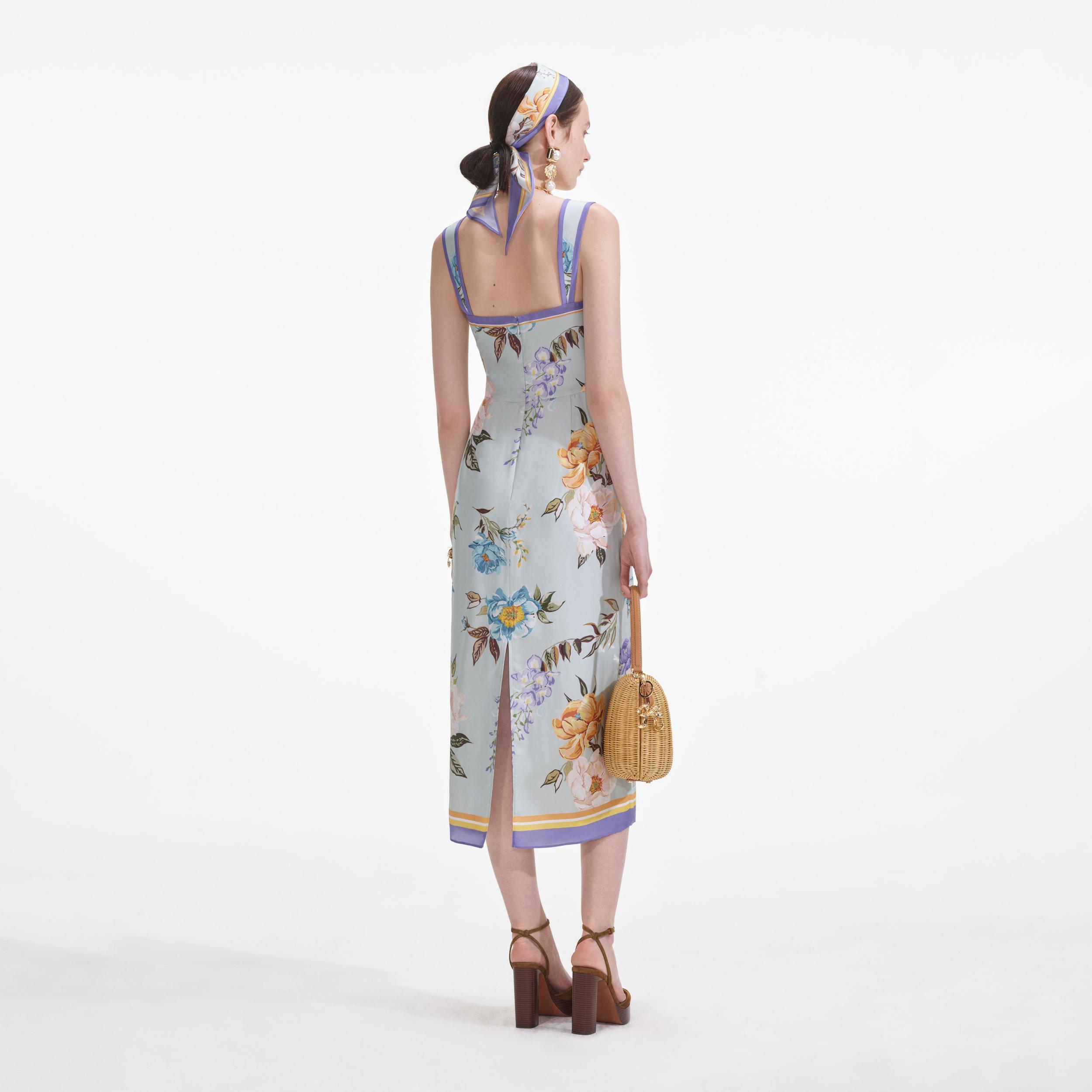 Blue Floral Silk Twill Midi Dress Product Image