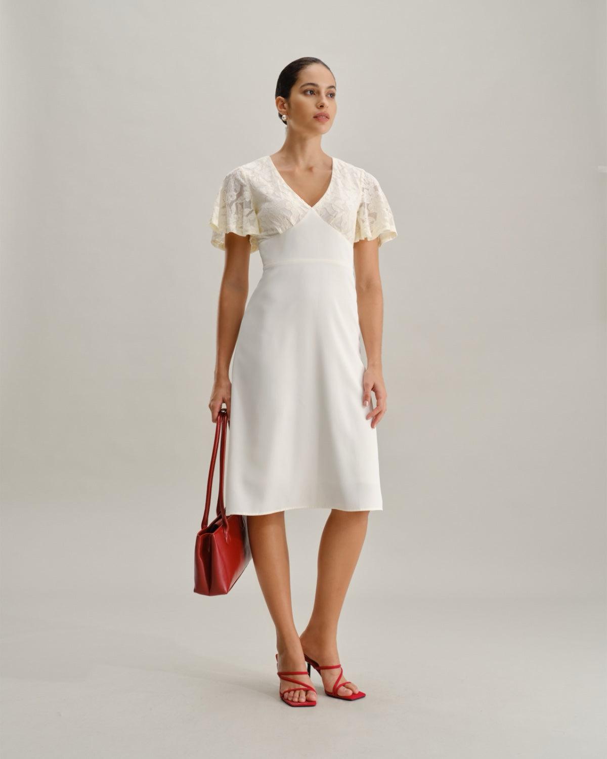 White Textured V-Neck Midi Dress Product Image