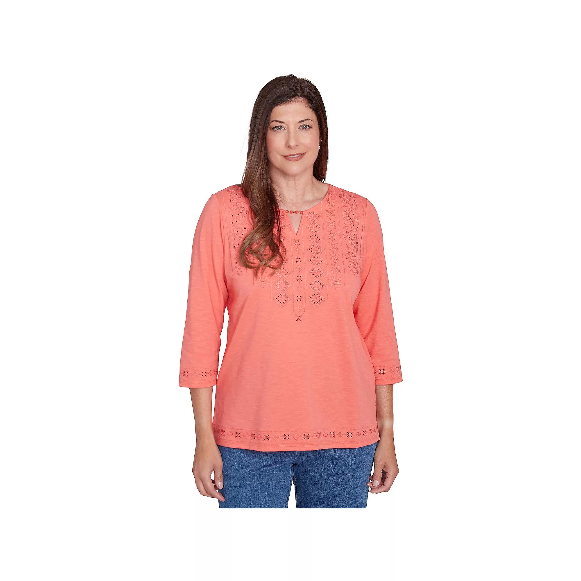 Women's Alfred Dunner Solid Cut Out Beaded Splitneck Top, Size: Small, Pink Product Image