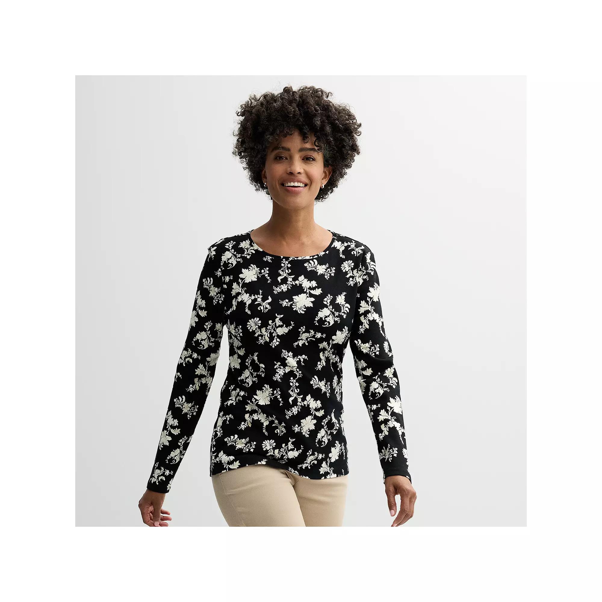 Women's Croft & Barrow® Essential Long-Sleeve Crewneck Tee, Size: XS, Black White Floral Product Image