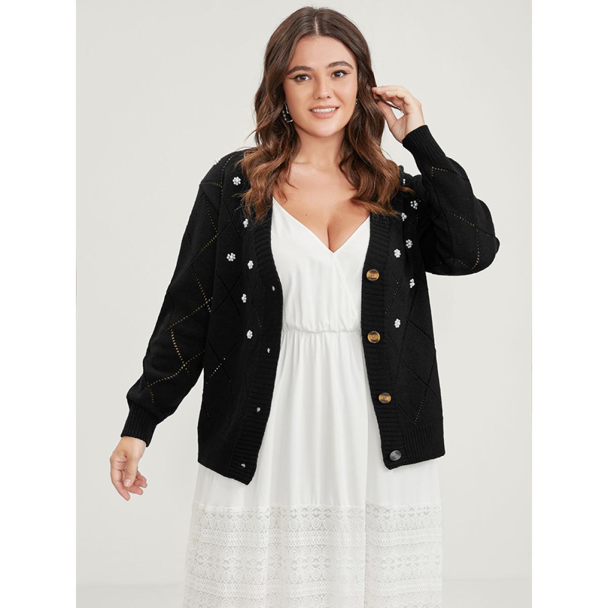 Plus Size Solid Pointelle Knit Pearl Beaded Crochet Button Front Cardigan Black Women Elegant Loose Long Sleeve Dailywear Cardigans BloomChic 12/L Product Image