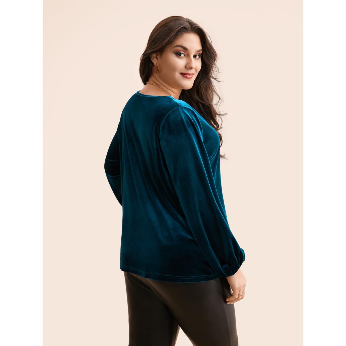 Plus Size Aegean V Neck Velvet Lantern Sleeve Blouse Women Elegant Long Sleeve V-neck Everyday Blouses BloomChic 14-16/1X Product Image