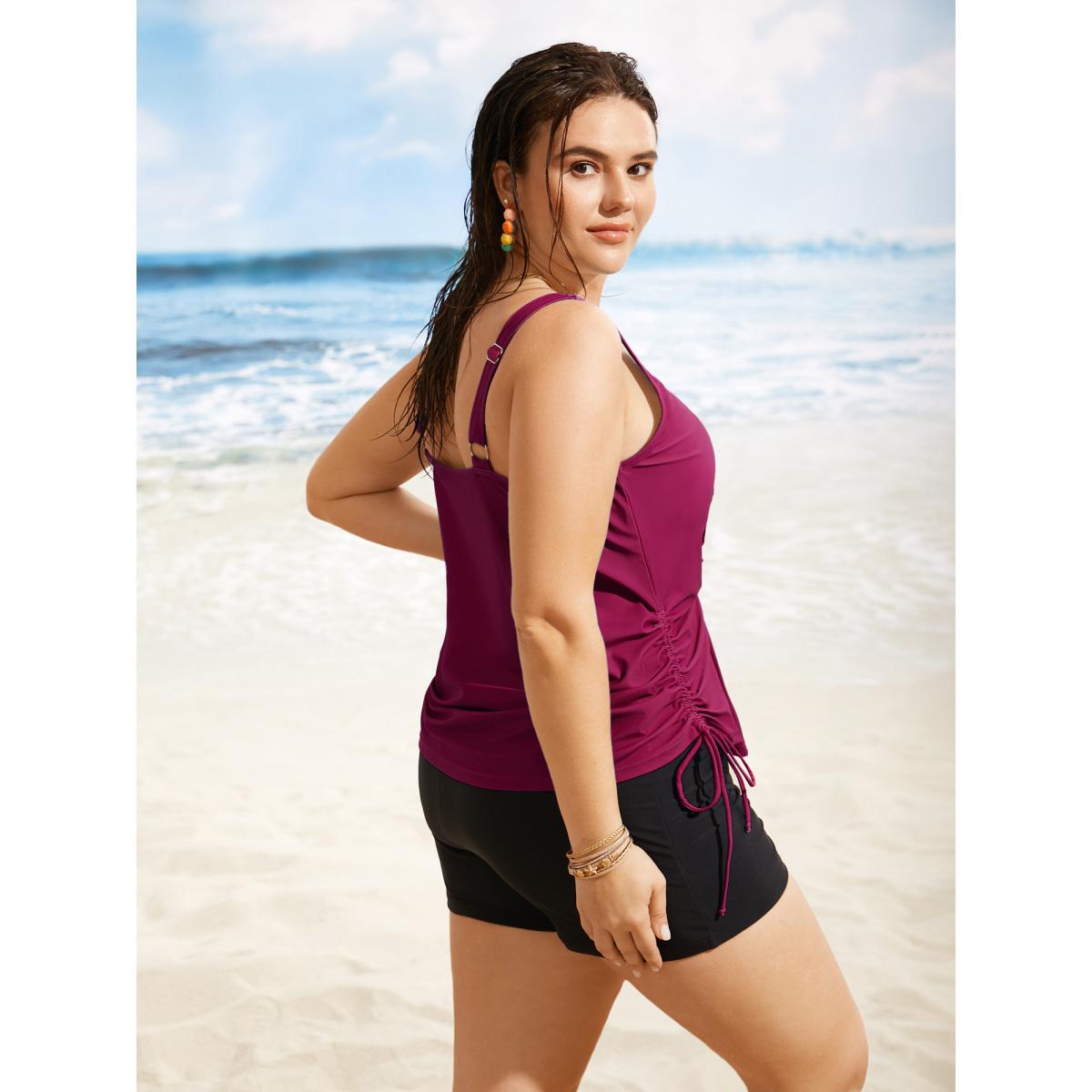 Plus Size Island Print Drawstring Adjustable Swim Top Women's Swimwear Rosered Resort Contrast High stretch Loose U-neck Curve Swim Tops BloomChic 10/M Product Image