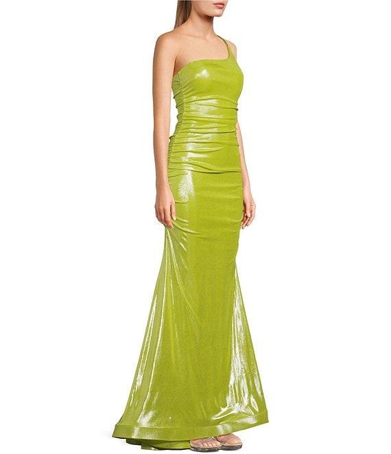 B. Darlin Foil One Shoulder Double Spaghetti Strap Shirred Long Dress Product Image
