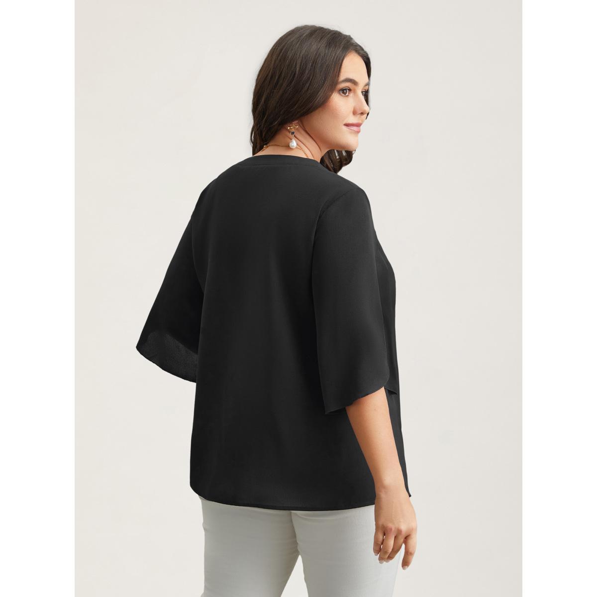 Plus Size Browncoffeecolor Petal Sleeve Toothpick Pleats Shirt Women Office Elbow-length sleeve Notched collar Office Blouses BloomChic 12/L Product Image