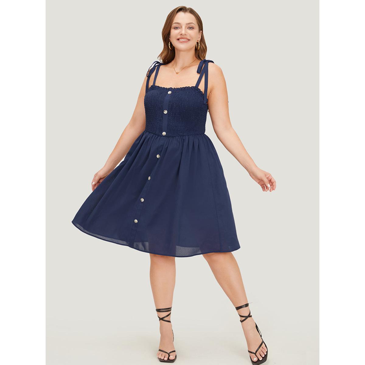 Plus Size Plain Button Detail Pocket Shirred Ruffles Knot Cami Dress Indigo Women Elegant Frill Trim Spaghetti Strap Sleeveless Curvy Knee Dress BloomChic 28/5X Product Image