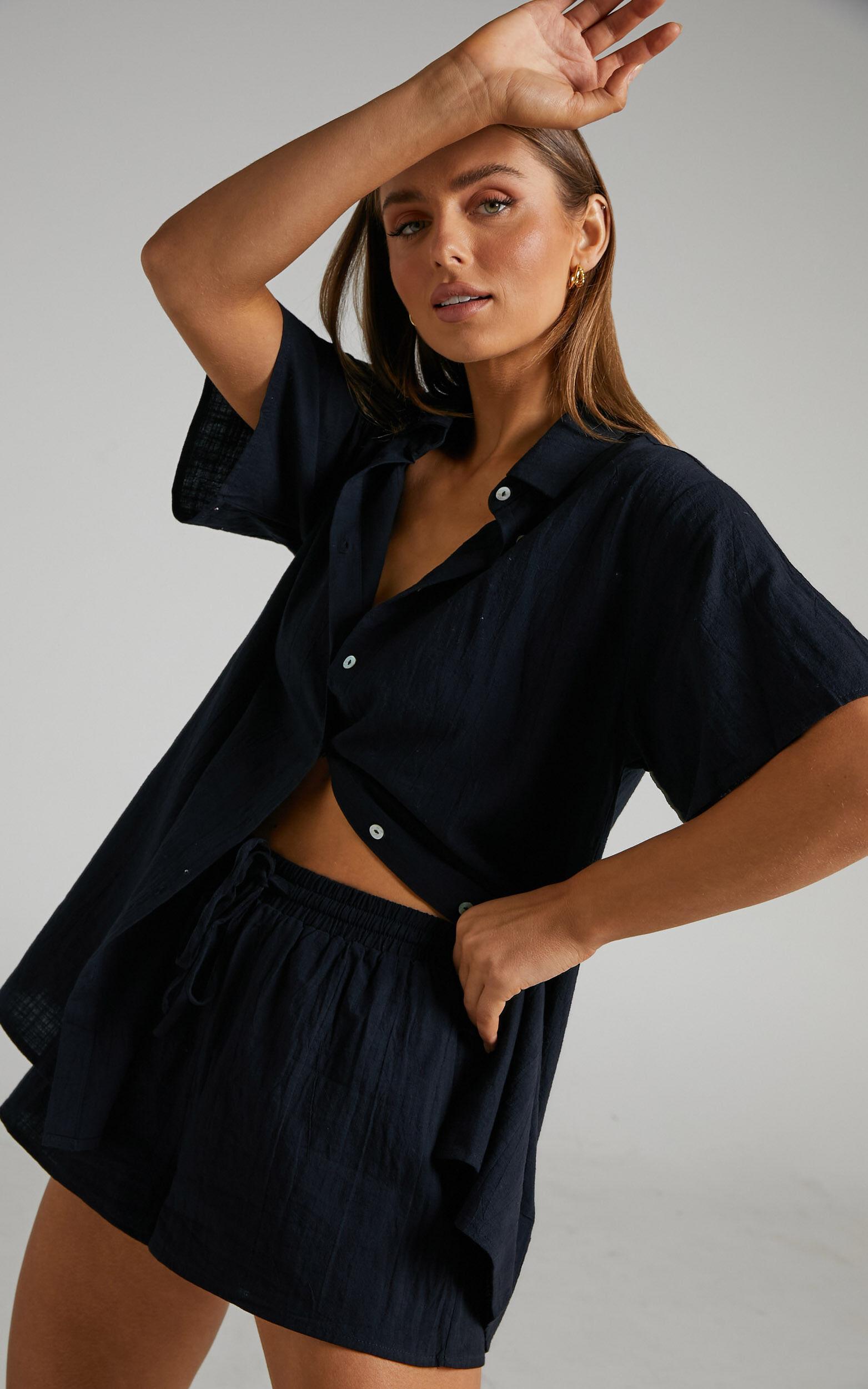 Vina Del Mar Two Piece Set - Linen Look Shirt and Shorts Set in Black Product Image
