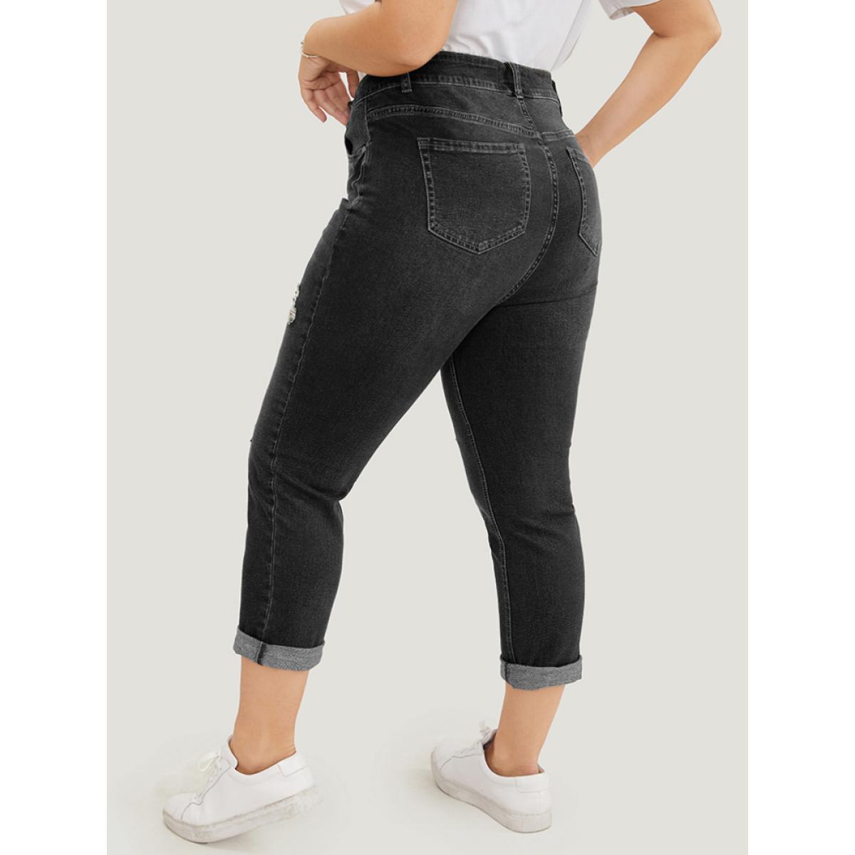 Plus Size Very Stretchy Dark Wash Roll Hem Cropped Jeans Women DarkGray Casual Plain Distressed High stretch Patch pocket Jeans BloomChic 18/2X Product Image