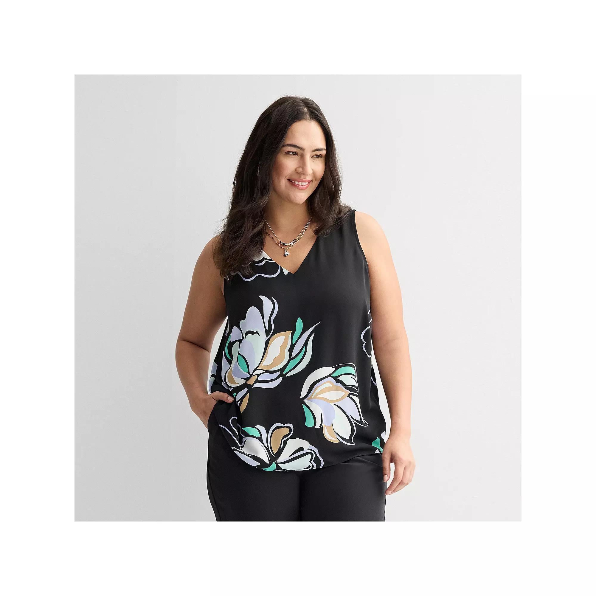 Plus Size Nine West Essential V-Neck Tank Top, Women's, Size: 1XL, Black Olivia Floral Product Image