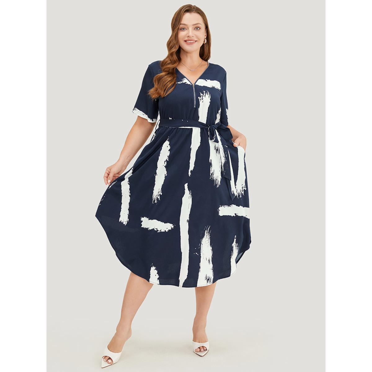 Plus Size Brush Print Half Zipper Pocket Belt Curved Hem Dress Indigo Women Elegant Gathered V-neck Short sleeve Curvy Midi Dress BloomChic 14-16/1X Product Image
