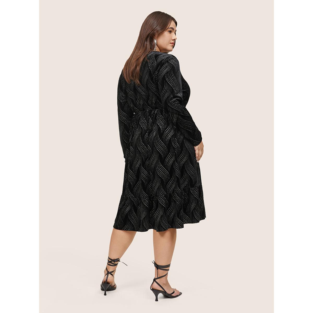Plus Size Velvet Rhinestone Pocket Overlap Collar Dress Black Women Glamour Velvet Overlap Collar Long Sleeve Curvy Midi Dress BloomChic 22-24/3X Product Image