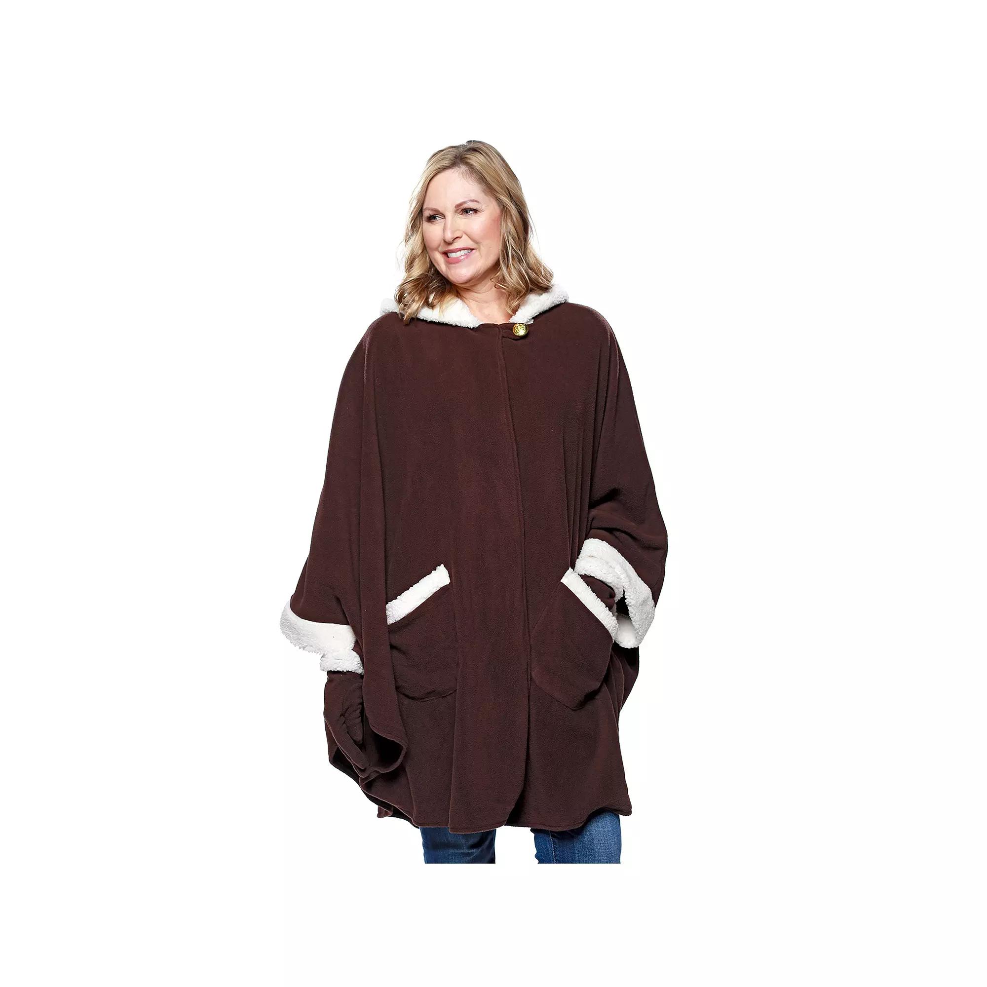 Women's Le Moda Hooded Knit Fleece Wrap with Cream Sherpa Trim & Matching Gloves, Brown Product Image