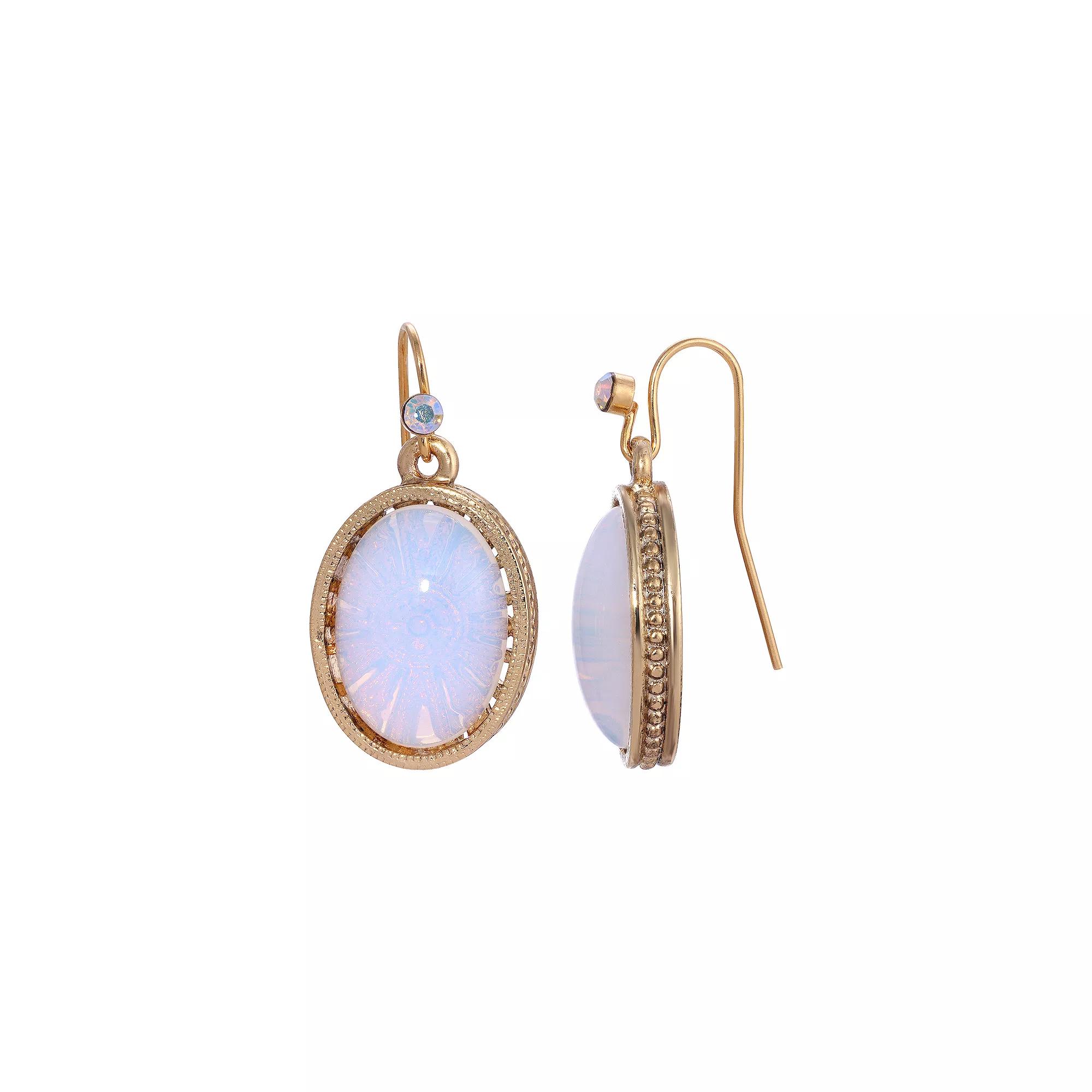 1928 Gold Tone Oval Glass Drop Earrings, Women's, White Product Image