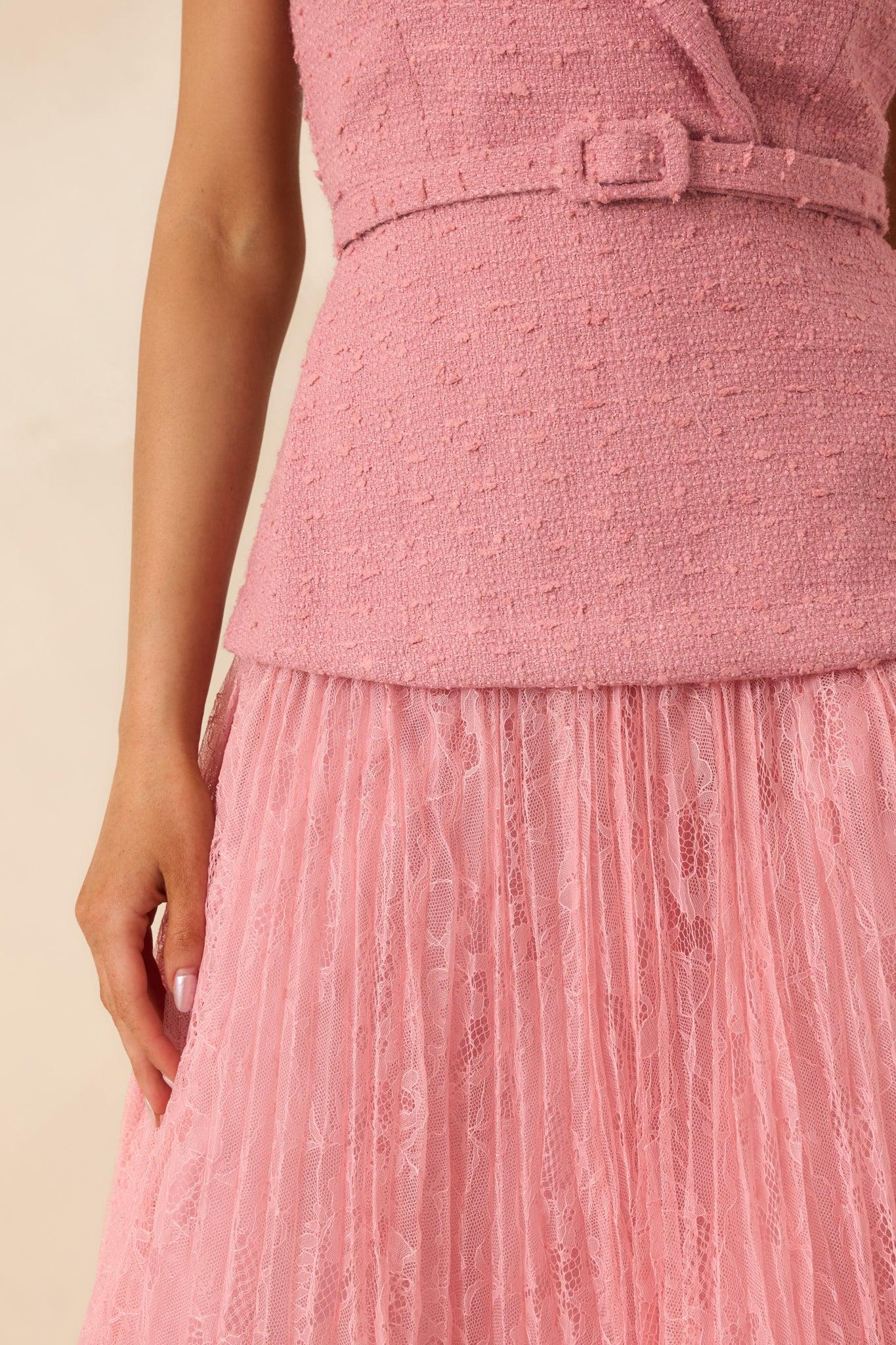 Caught You Smiling Rose Pink Textured Woven Belted Lace Midi Dress Product Image