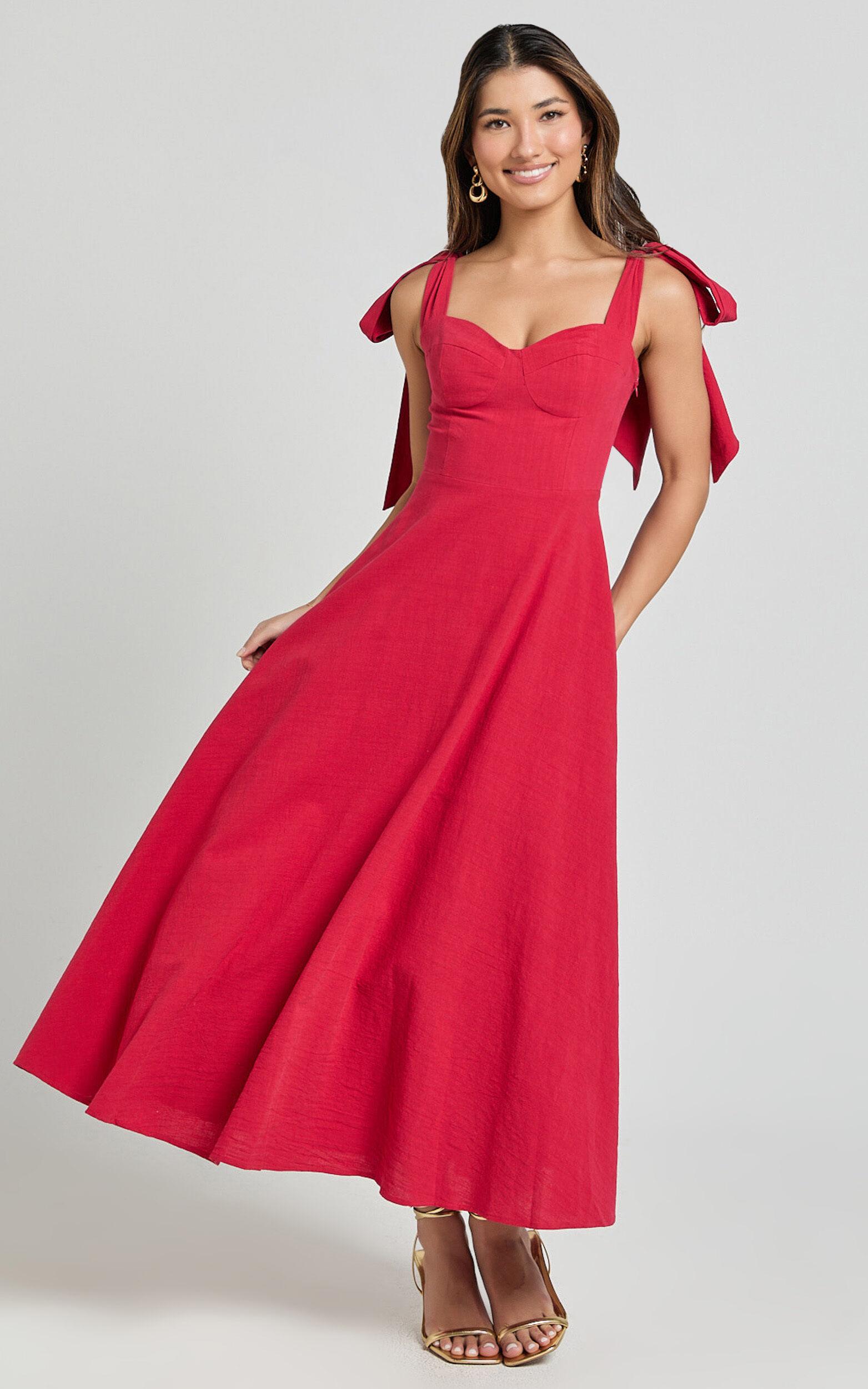 Tymia Midi Dress - Shoulder Tie Bustier Shirred Back A Line in Red Product Image