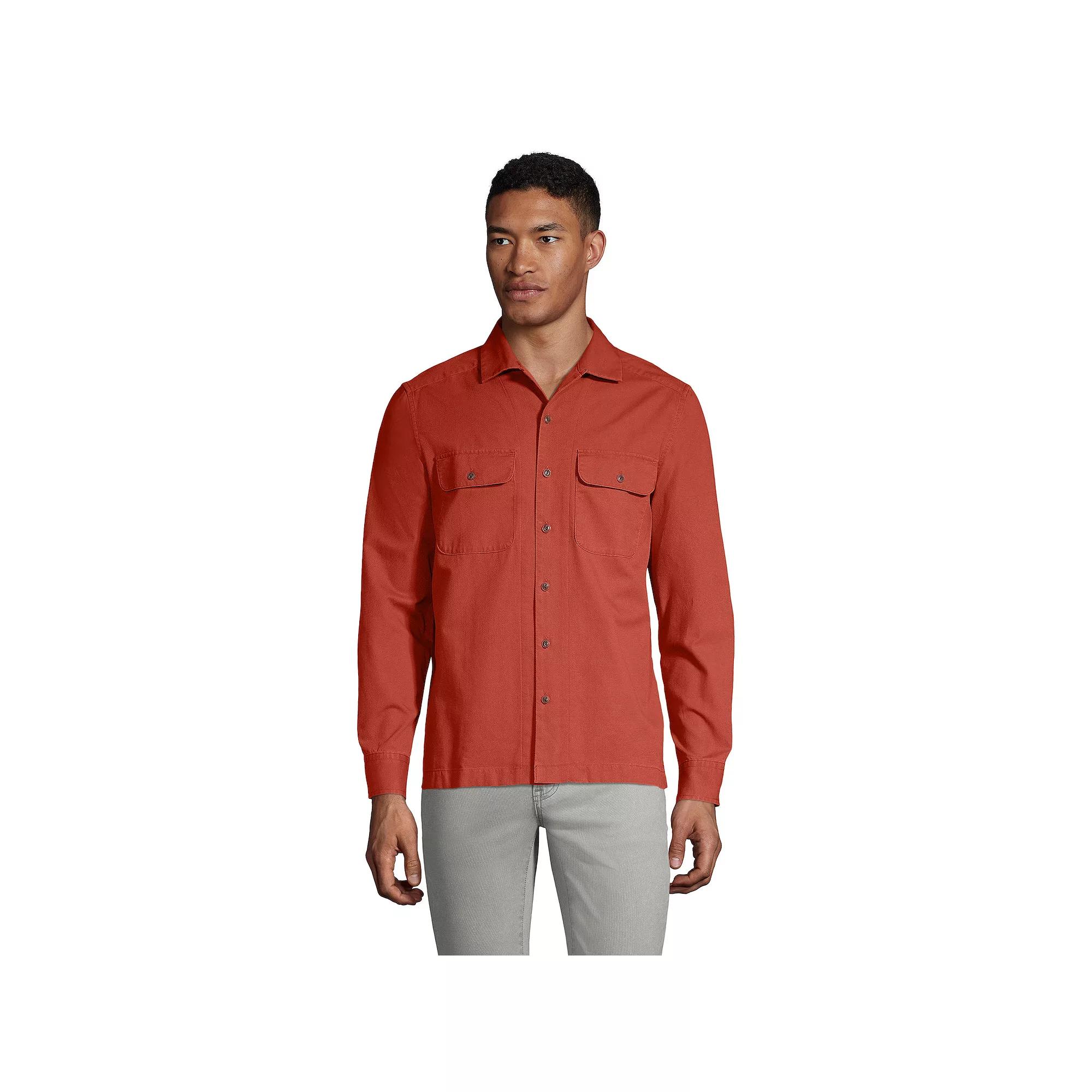 Men's Lands' End Traditional-Fit Textured Camp-Collar Button-Down Shirt, Size: Small, Sunwashed Red Product Image