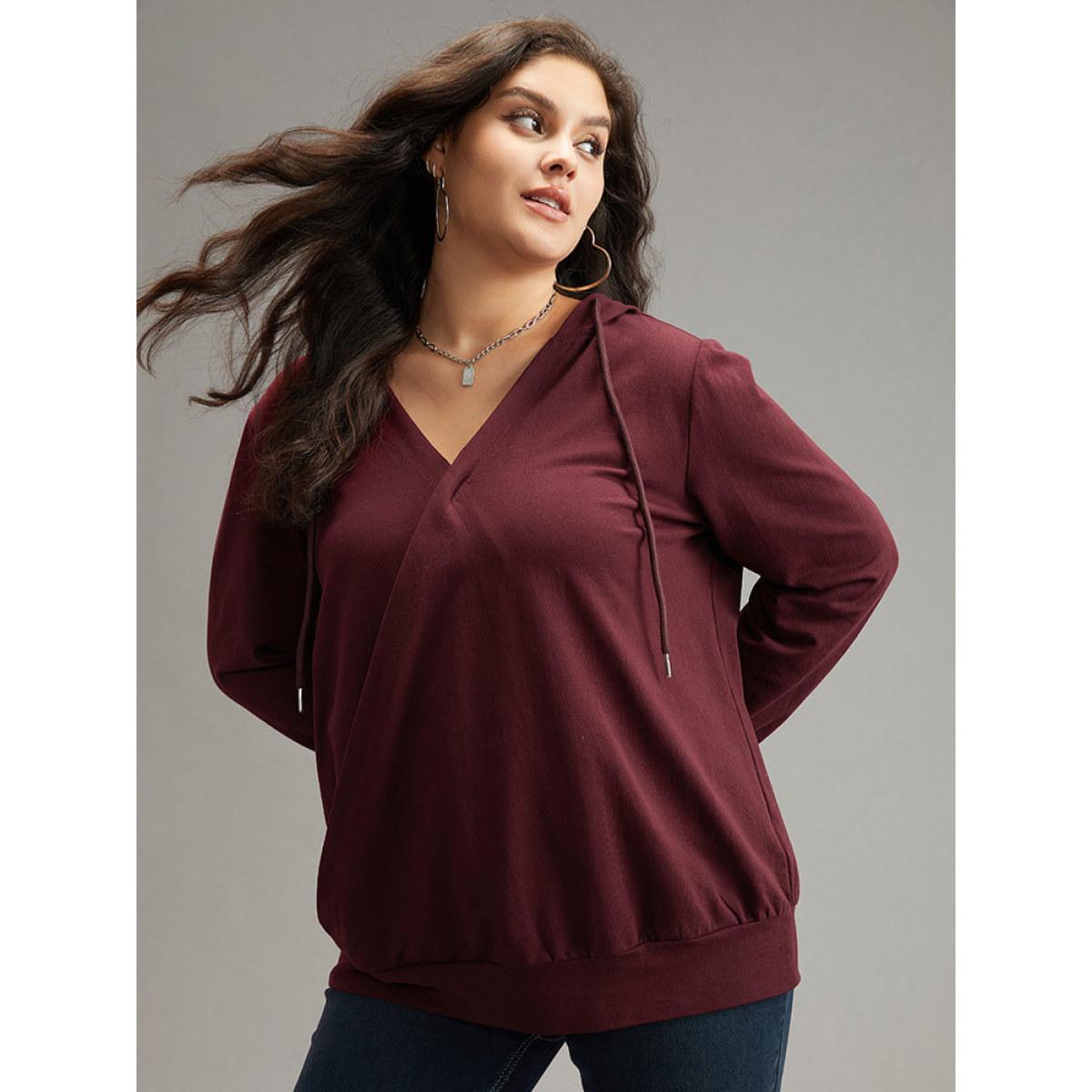 Plus Size Cotton Hooded Drawstring Sweatshirt Women Burgundy Elegant Wrap Hooded Dailywear Sweatshirts BloomChic 28/5X Product Image