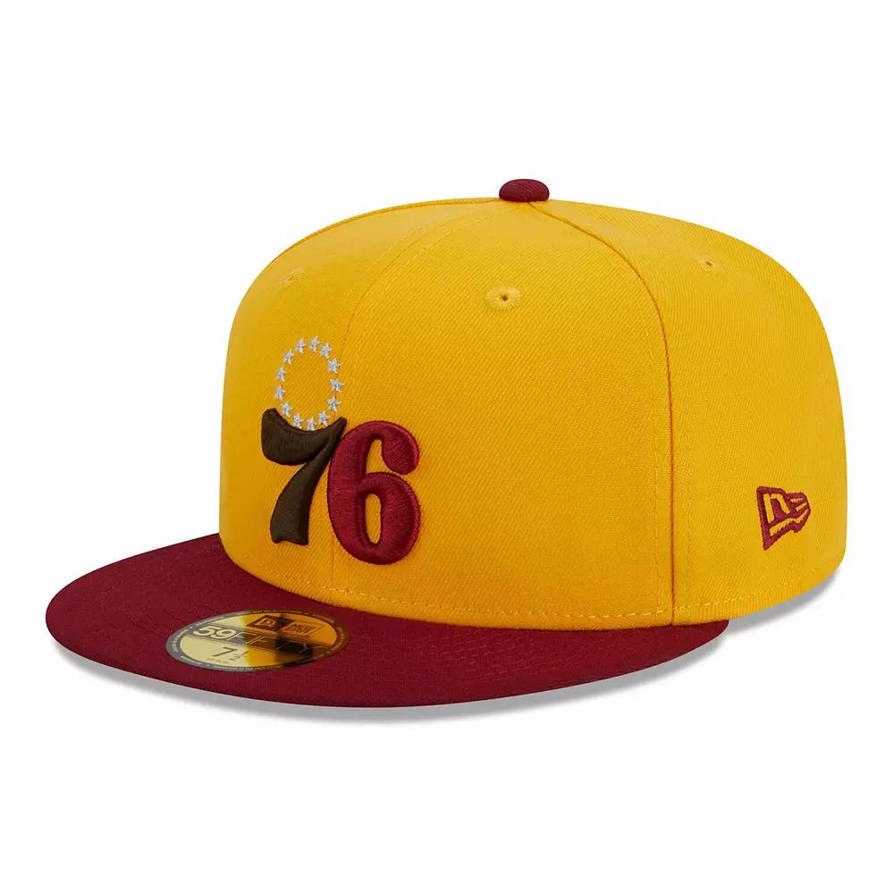 Men's New Era Yellow/Red Philadelphia 76ers Fall Leaves 2-Tone 59FIFTY Fitted Hat,  Product Image