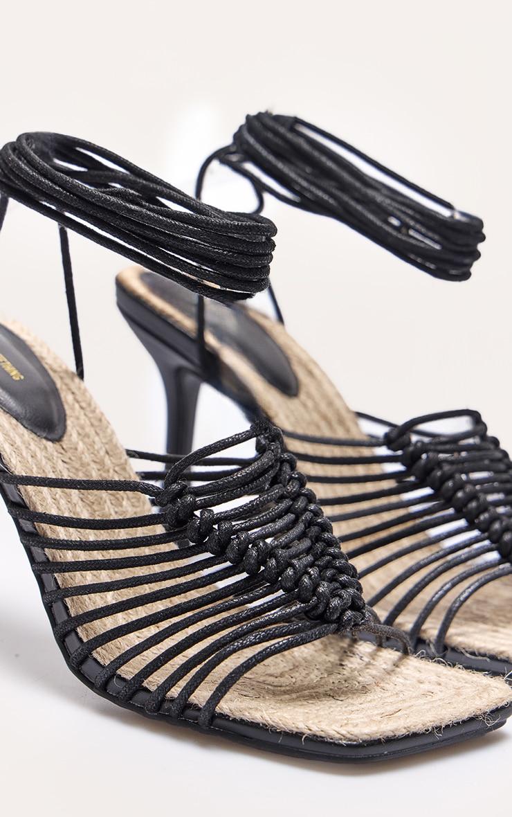 Black Pu Square Knotted Toe Lace Up Heeled Sandals Product Image