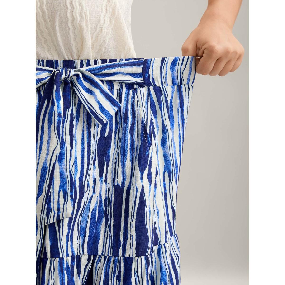 Plus Size Nautical Stripes Belted Tiered Maxi Skirt Women Navy Loose No stretch Side seam pocket Belt Vacation Skirts BloomChic 30/6X Product Image