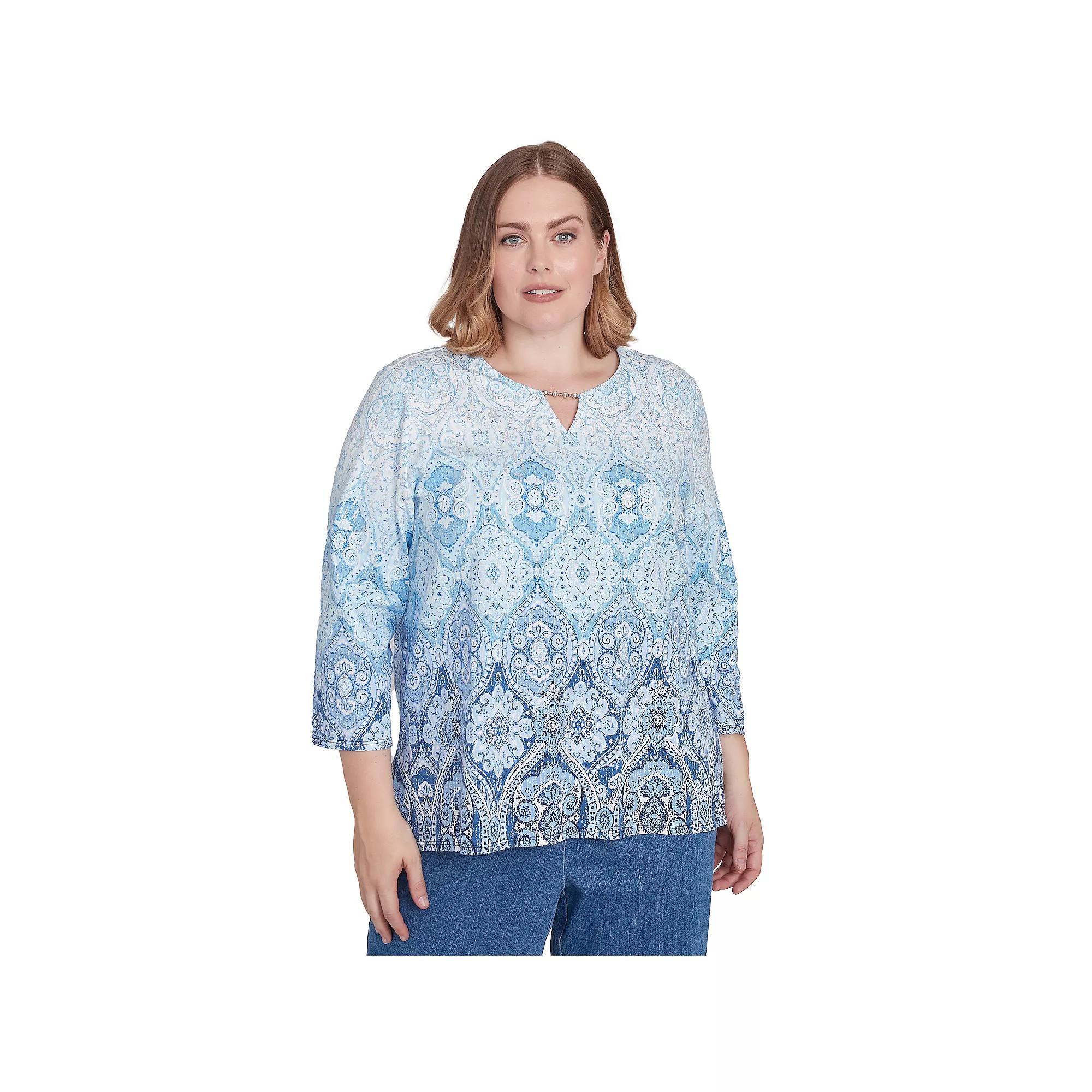 Plus Size Alfred Dunner Split Beaded Neck Ombre Medallion Top, Women's, Size: 2XL, Blue Product Image