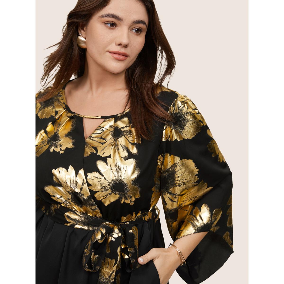 Plus Size Floral Glitter Belted Keyhole Flutter Sleeve Dress Black Women Glamour Gathered Keyhole Cut-Out Elbow-length sleeve Curvy Midi Dress BloomChic 28/5X Product Image