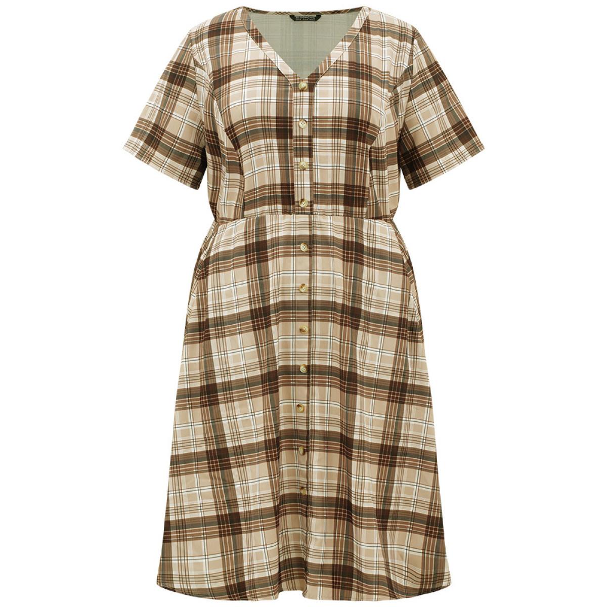 Plus Size Plaid Pocket V Neck Button Detail Dress Tan Women Casual Button V-neck Short sleeve Curvy Midi Dress BloomChic 14-16/1X Product Image
