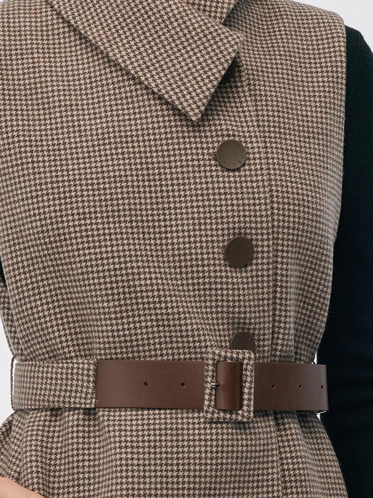 100% Washable Wool Beige Check Cape And Vest Two-Piece Set With Belt Product Image