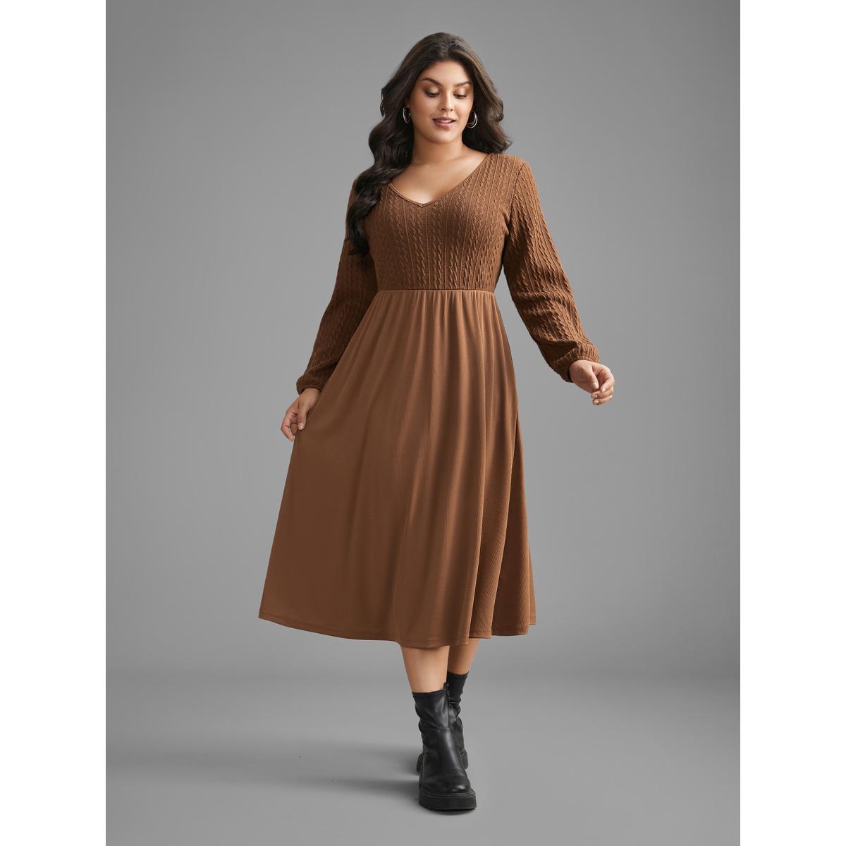 Plus Size V Neck Textured Patchwork Knit Dress Browncoffeecolor Women Casual Texture Knit Dresses Bloomchic 14-16/1X Product Image