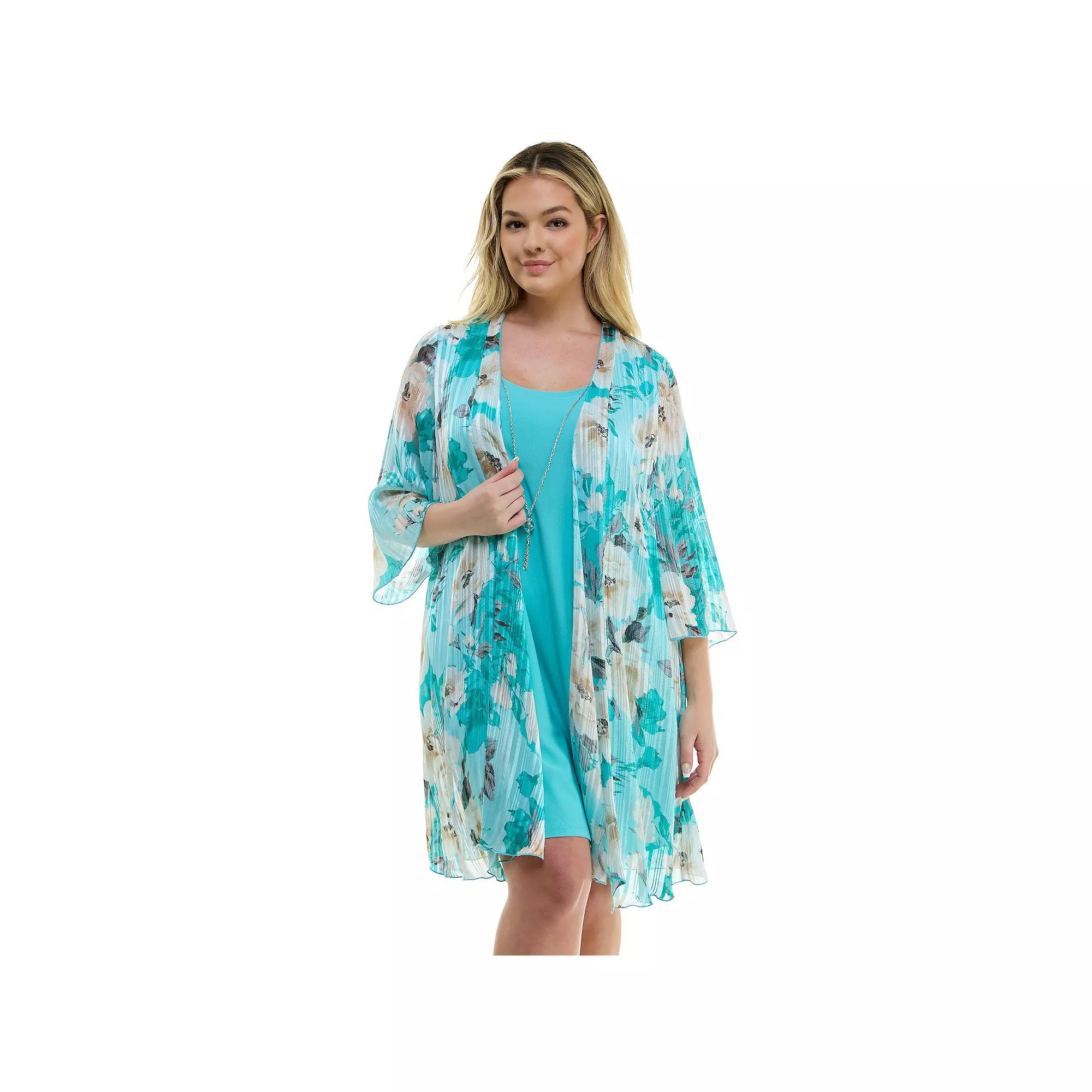 Plus Size Luxology 2-Piece 3/4 Bell Sleeve Cardigan & Drop Collar Dress Set, Women's, Size: 3XL, Mint Gray Brown Product Image