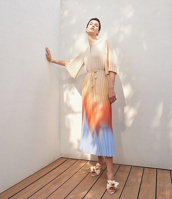 MISOOK Crepe De Chine Ombre Pleated Keyhole Neck Elbow Flutter Sleeve Midi Dress Product Image