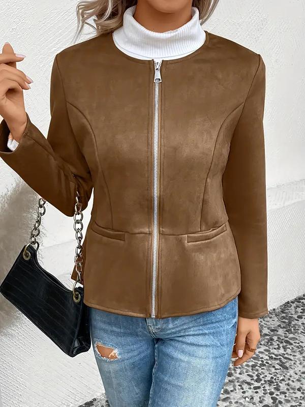 Long Sleeves Loose Pockets Solid Color Split-Joint Zipper Round-Neck Jackets Outerwear Product Image