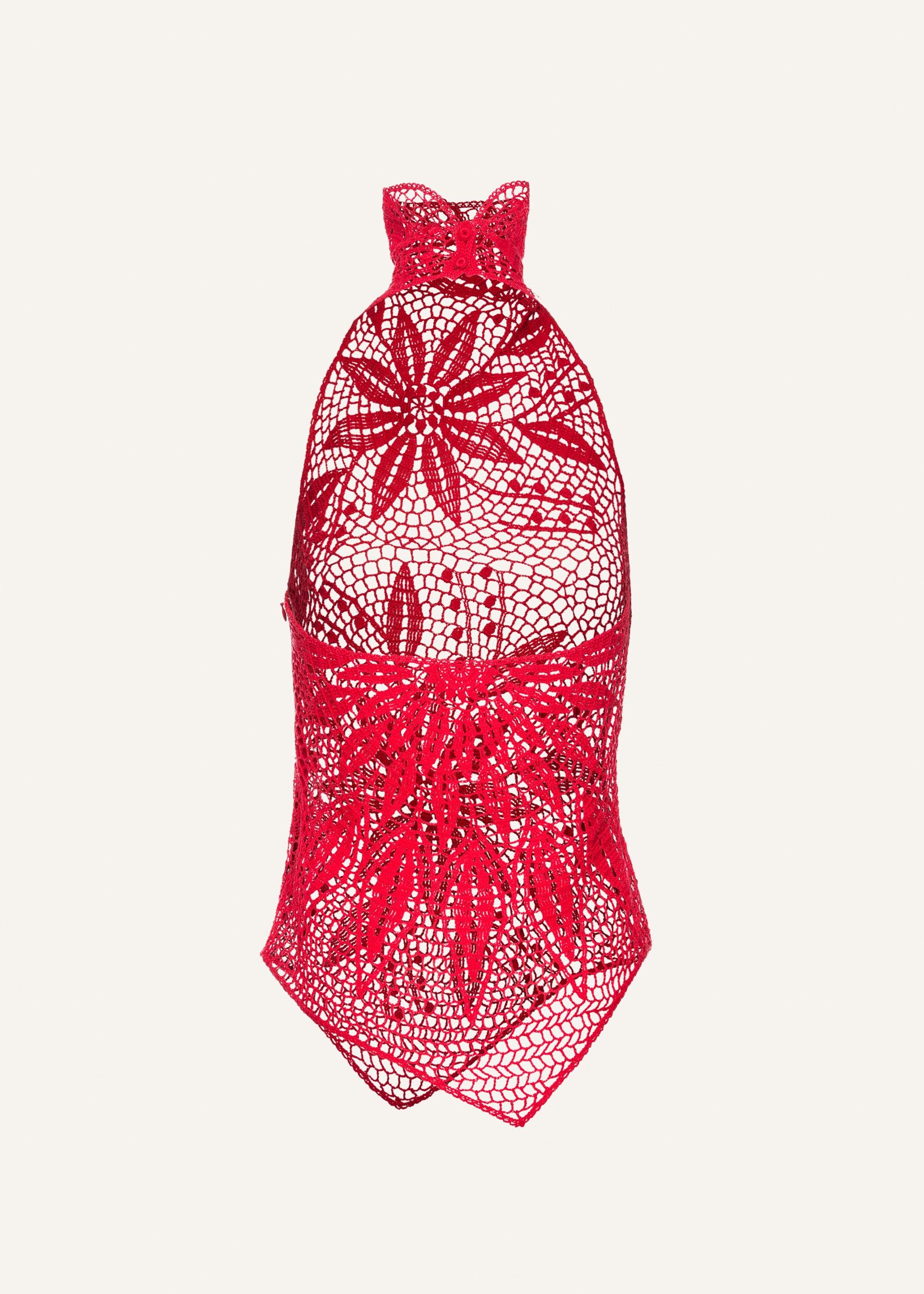 Lace crochet high neck blouse in red Product Image