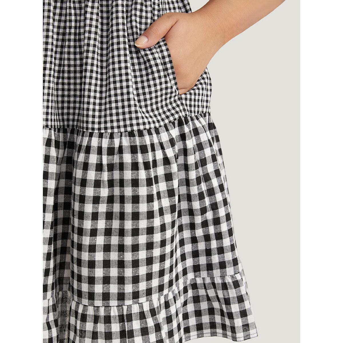 Plus Size Gingham Patchwork Pocket Tab Sleeve Dress BlackFlower Women Casual Patchwork Round Neck Short sleeve Curvy Midi Dress BloomChic 14-16/1X Product Image