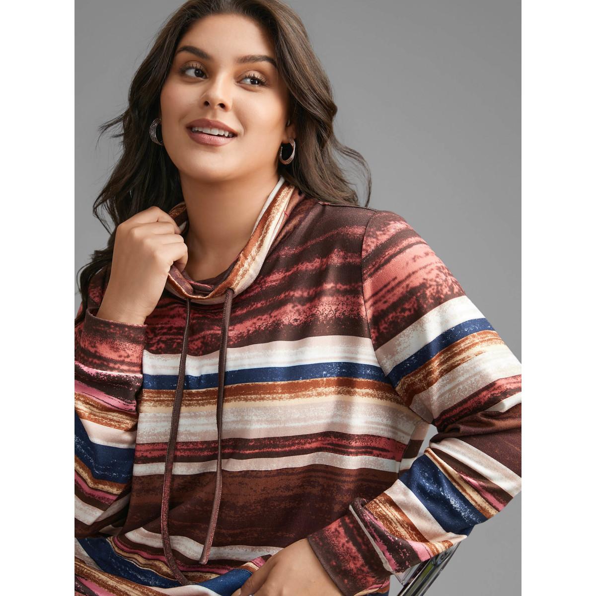Plus Size Striped Patched Pocket Drawstring Sweatshirt Women Multicolor Casual Drawstring Loose Ruffled collar Everyday Sweatshirts BloomChic 10/M Product Image