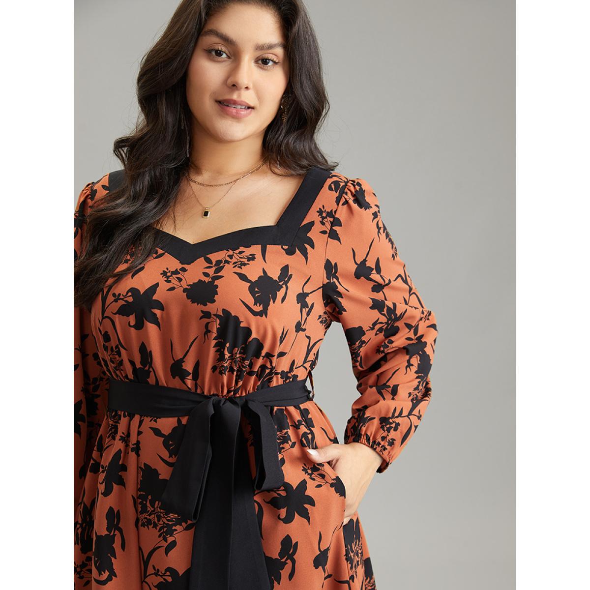 Plus Size Silhouette Floral Print Square Neck Belted Dress Chocolate Women Office Elastic cuffs Square Neck Long Sleeve Curvy Midi Dress BloomChic 18-20/2X Product Image
