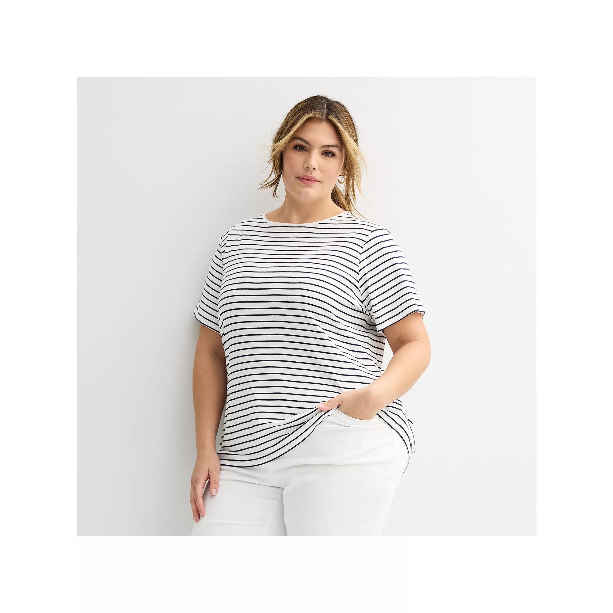 Plus Size Croft & Barrow® Essential Crewneck Top, Women's, Size: 1XL, White Spring Stripe Product Image