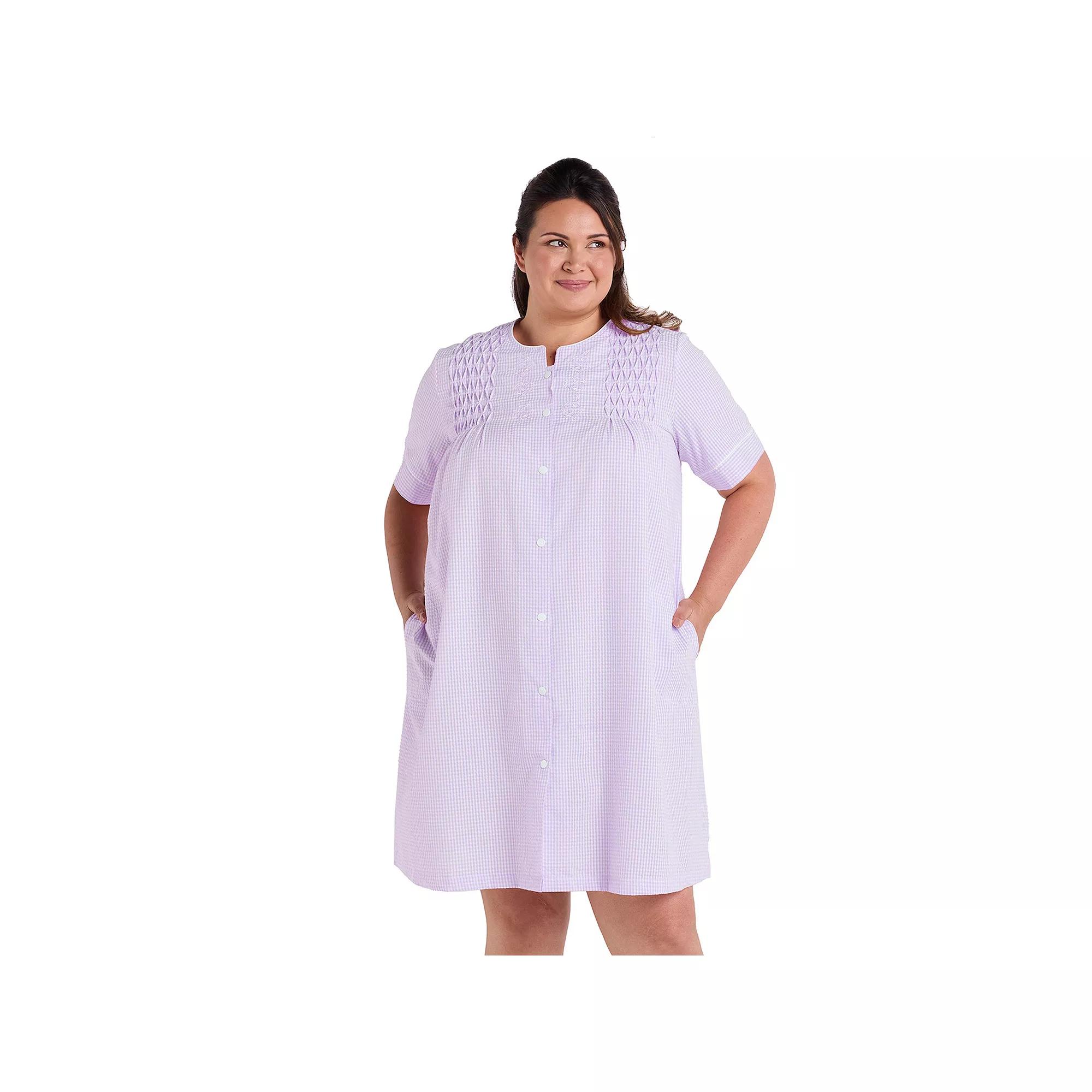Plus Size Miss Elaine Essentials Seersucker Short Snap Robe, Womens Purple White Check Product Image