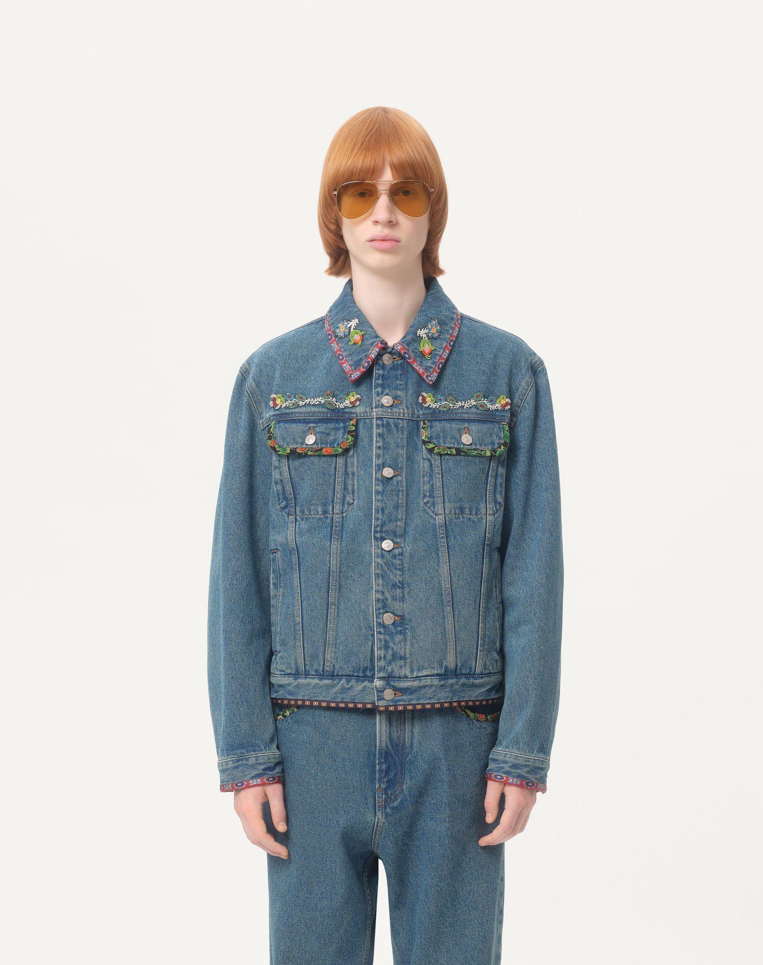 Denim Jacket With Beaded Embroidery And Printed Edges Product Image