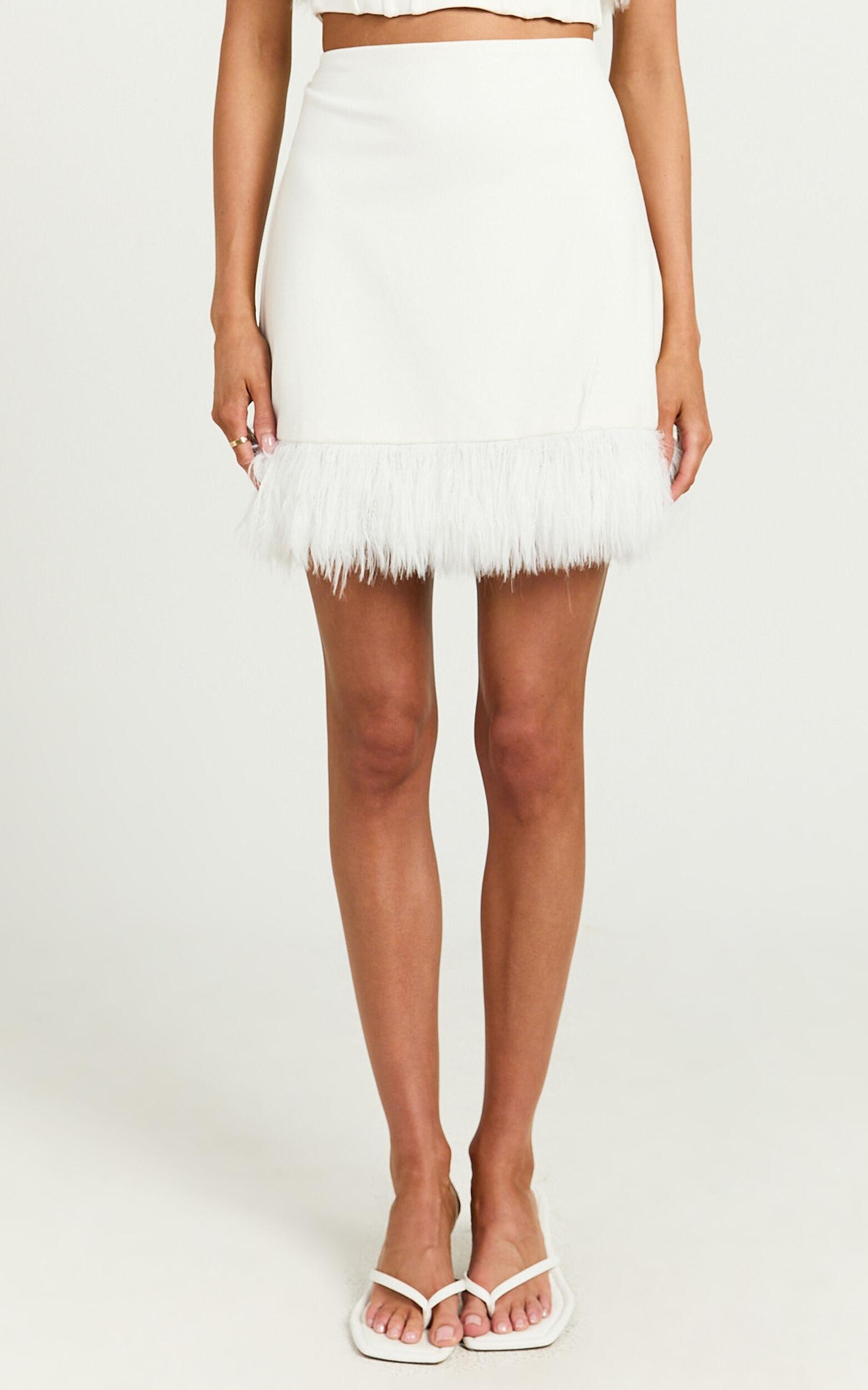Rhaiza Mini Skirt - Faux Feather Trim High Waisted Skirt in White Product Image