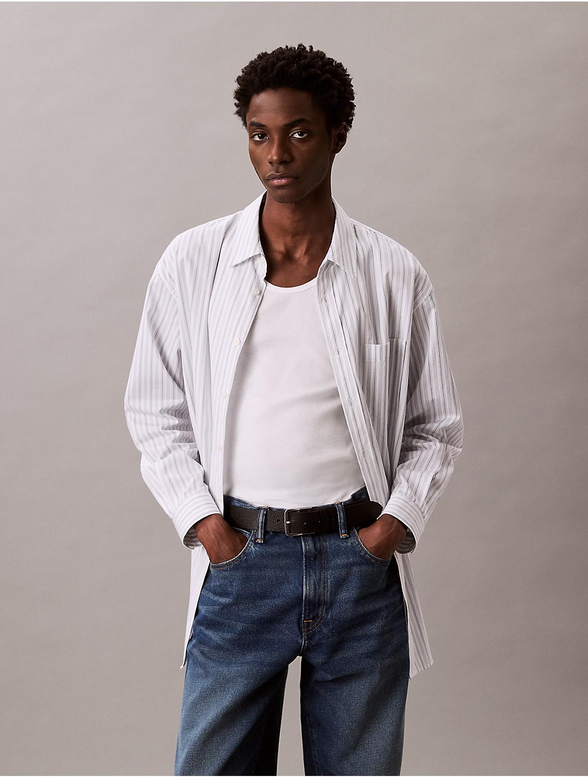 Calvin Klein Mens Stripe Cotton Poplin Button-Down Shirt - Navy Product Image