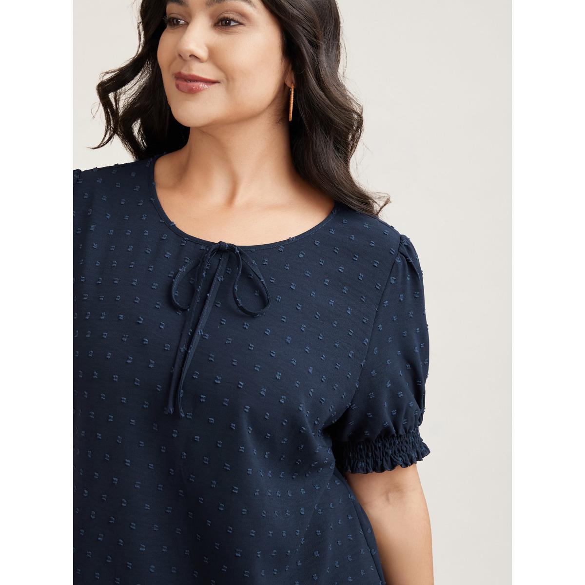 Plus Size Indigo Shirred Puff Sleeve Neck-Tie Shirt Women Office Short sleeve Round Neck Vacation Blouses BloomChic 14-16/1X Product Image