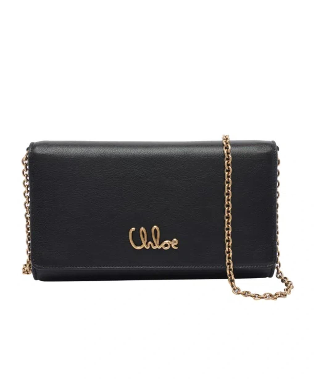 CHLOÉ Iconic Flap Wallet On Chain In Shiny Calfskin In Black Product Image