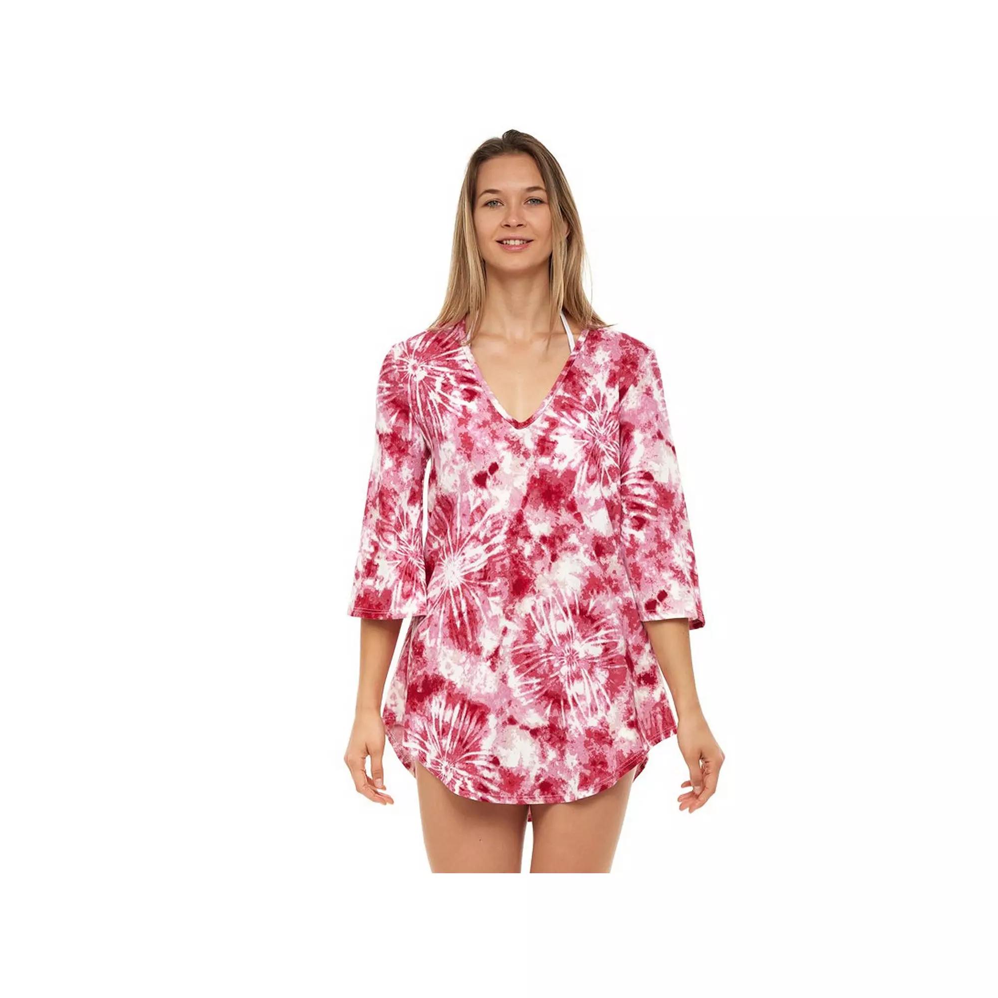 Women's Jordan Taylor V-Neck Tie Dye Print Coverup Swim Tunic, Size: XL, Pink Ivory Product Image