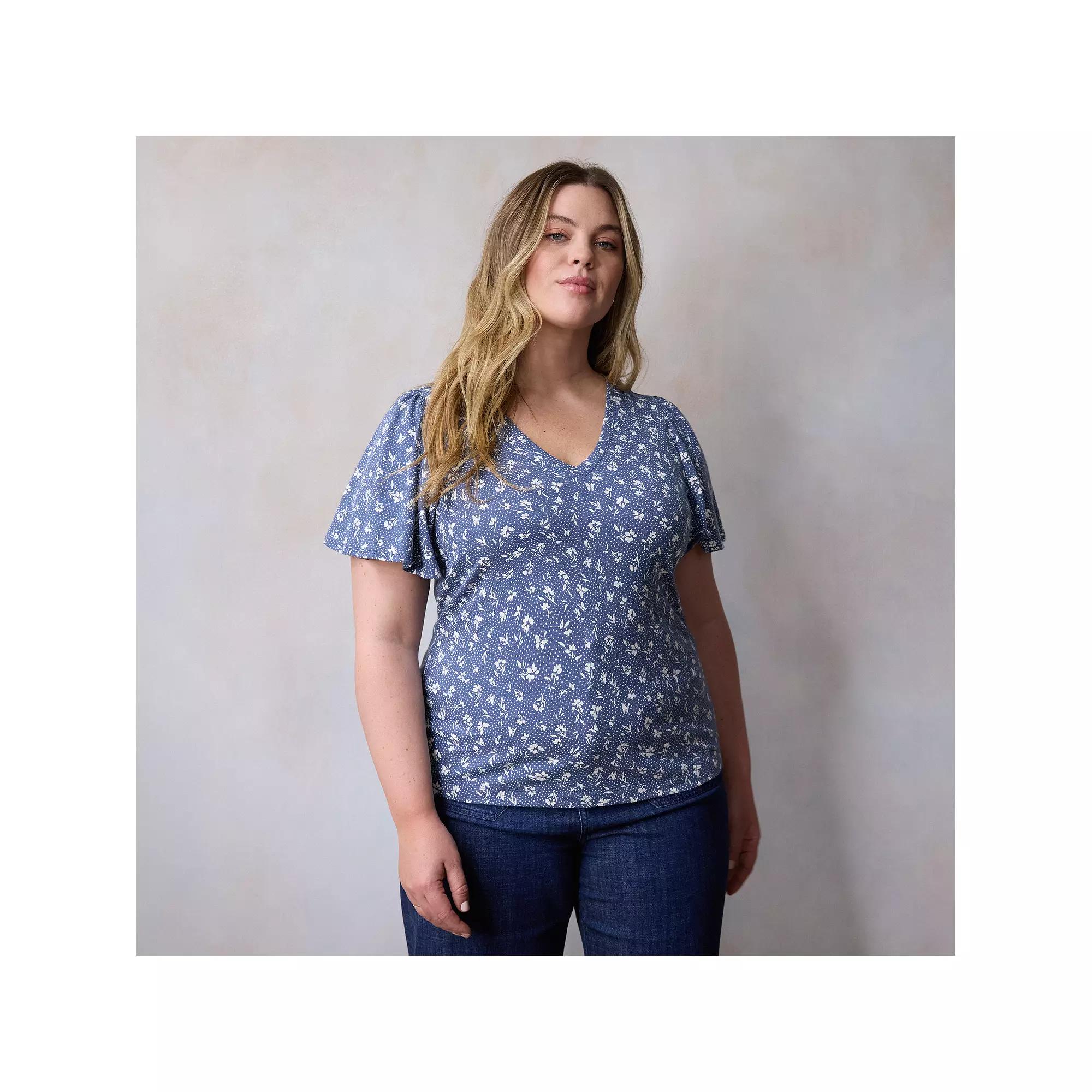 Plus Size LC Lauren Conrad V-Neck Flutter Sleeve Top, Women's, Size: 0X, Blue Dottie Fleur Product Image