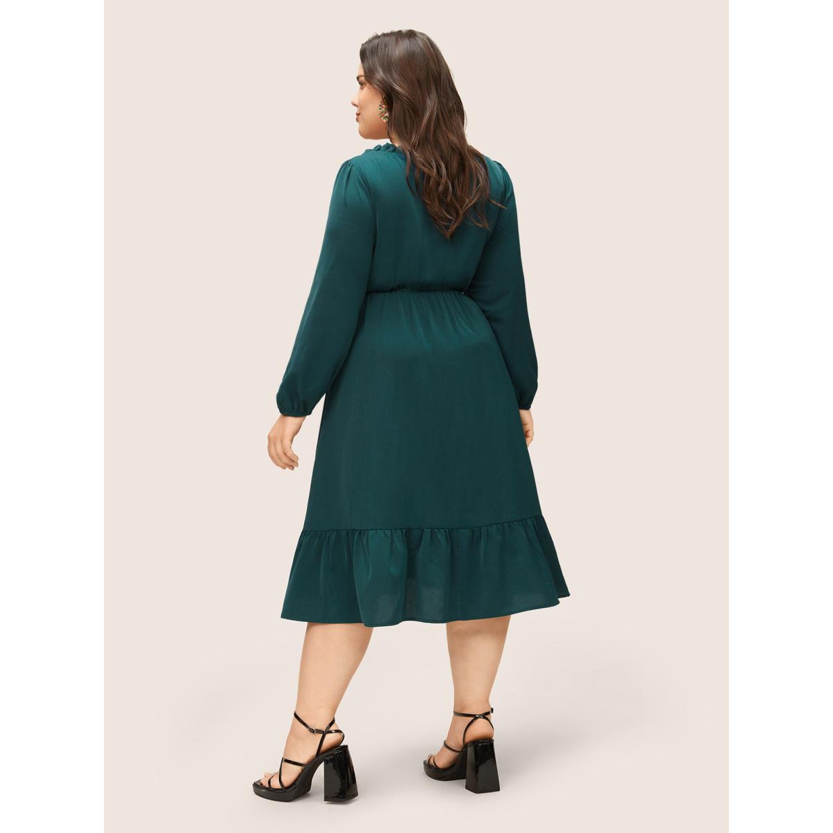 Plus Size Solid Pleated Patchwork Frill Trim Tie Neck Dress Cyan Women Elegant Non V-neck Long Sleeve Curvy Midi Dress BloomChic 26/4X Product Image