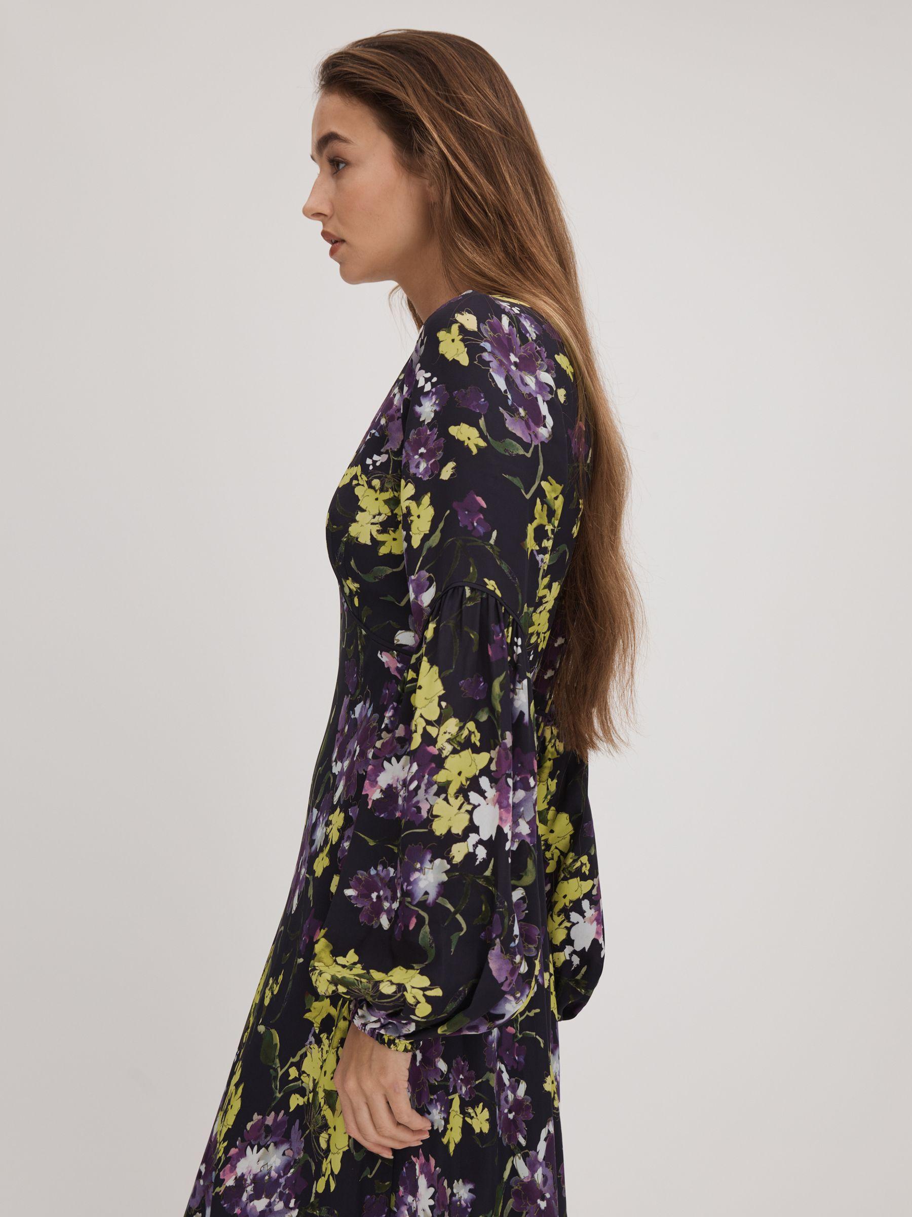 Florere Printed Blouson Sleeve Midi Dress in Dark Purple Product Image
