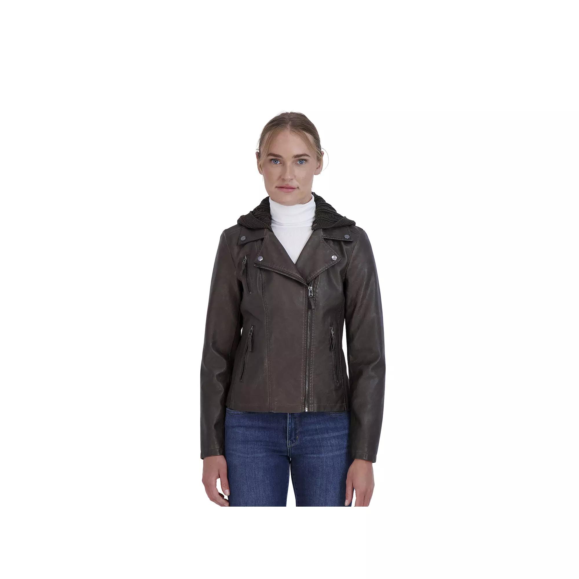Women's Sebby Collection Hooded Faux-Leather Moto Jacket, Size: Large, Brown Product Image