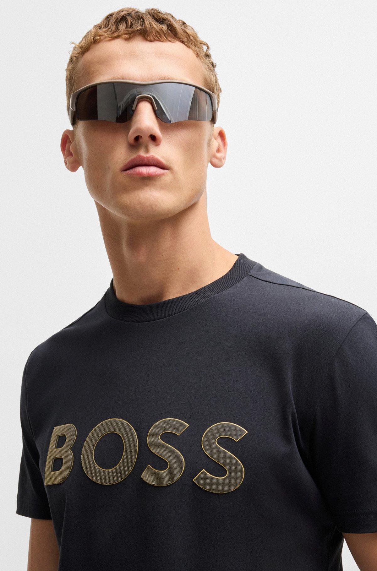 BOSS - Stretch-cotton T-shirt with large logo - Dark Blue Product Image